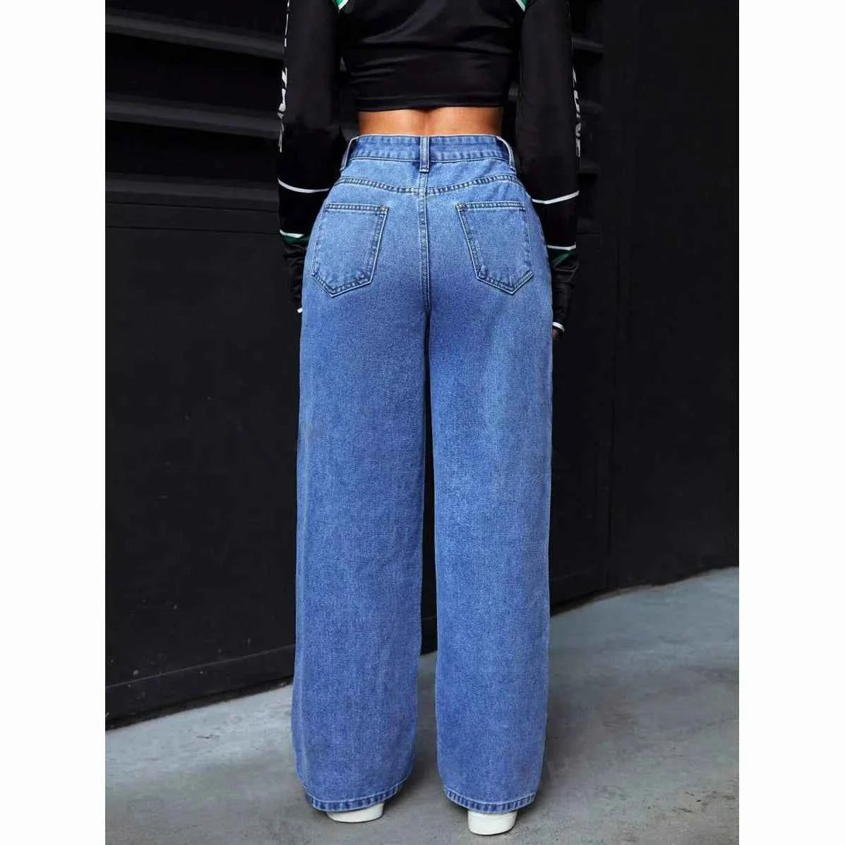 Trendy Cross-Border Hot Selling Women's Sweet-and-Spicy Style High-Waist Loose Casual Straight Leg Jeans Cotton Gauze