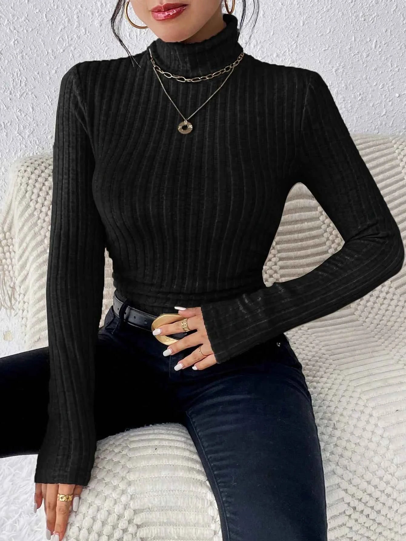 Autumn and winter high-neck solid color casual and elegant long-sleeved brushed pit knitted T-shirt top