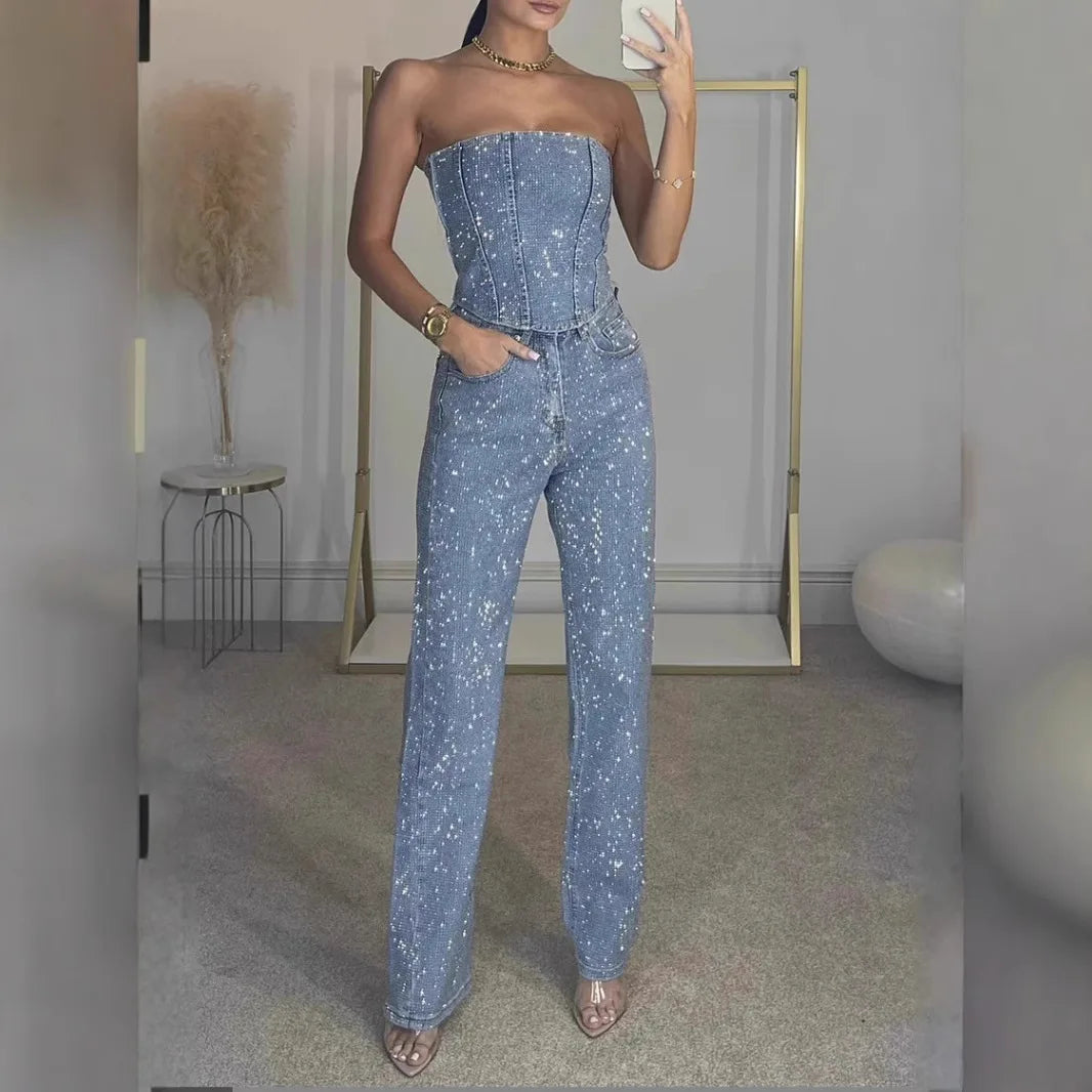 Shiny Two-Piece Suit Set for Women Sexy Shoulder-Baring Crop Top And Long Pants Glittering Rhinestones Fall Fashion Outfit