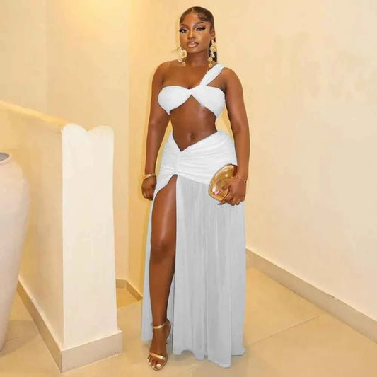 FLARORA Sexy Mesh Ruched 2 Piece Sets Woman Strapless Crop Tops And High Split Long Skirts Suits Elegant Beach Vacation Clothing