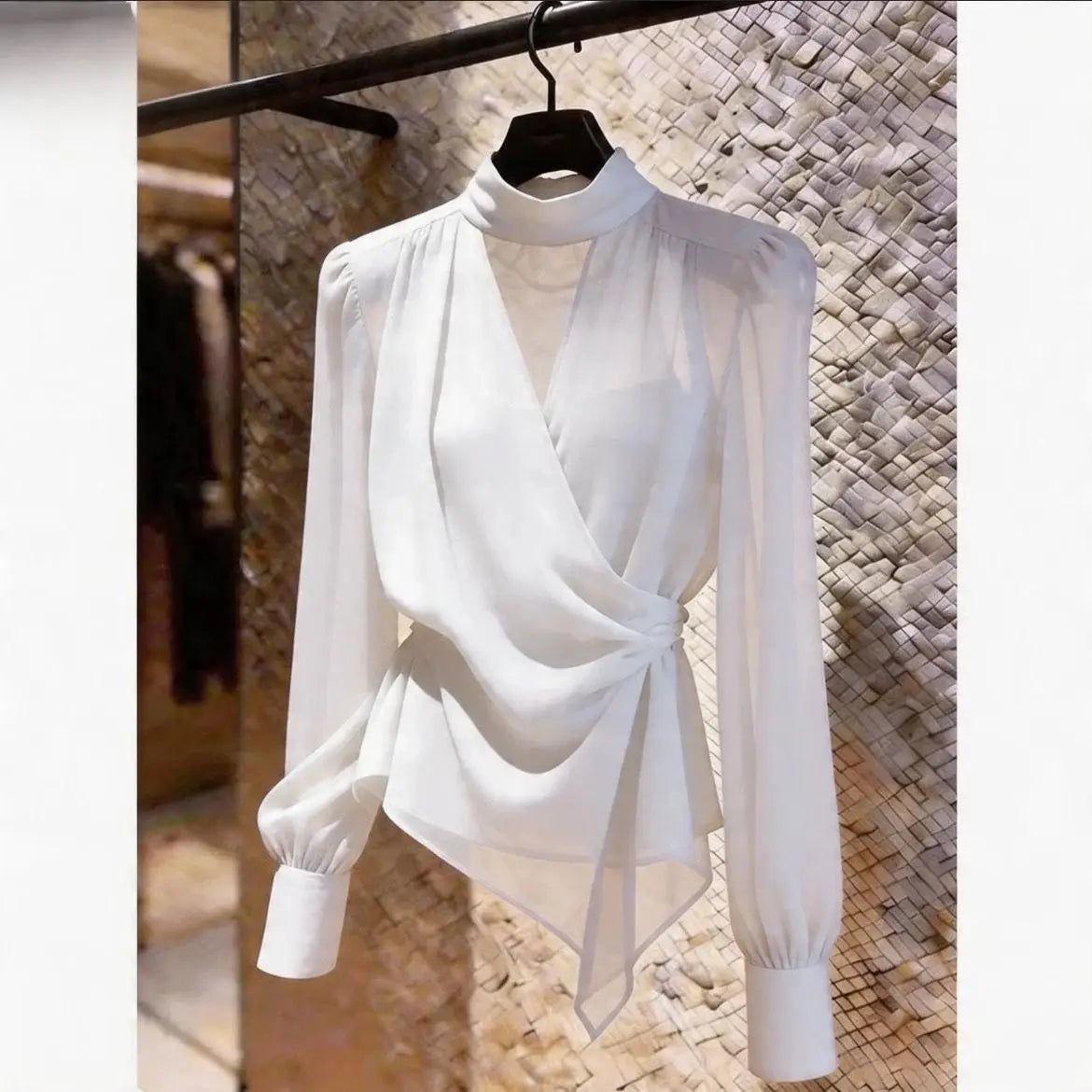 Elegant V-Neck Long Sleeve Women's Shirt Asymmetric Fashionable Versatile Top for Summer Season French Style Slim Fit Shirt