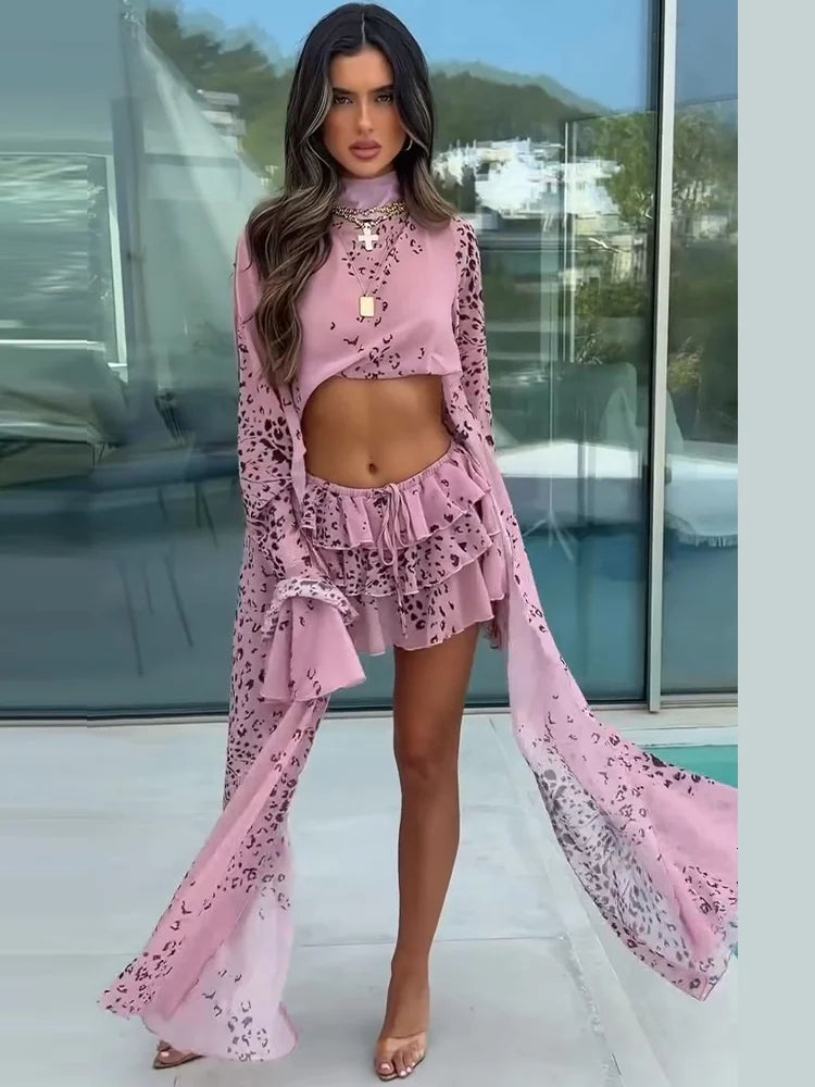 Sexy Women's Skirt Set Full Sleeve Crop Top Ruffle Hem Skirts Female Vacation Print Sets 2026 Summer Beach Fashion Lady Suit