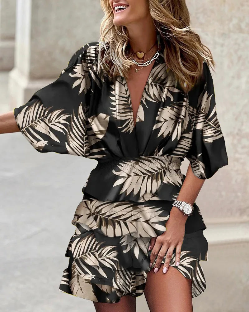 Print  Cross-border independent station fashion classic explosive autumn bat sleeve V-neck hemline irregular dress women's dress