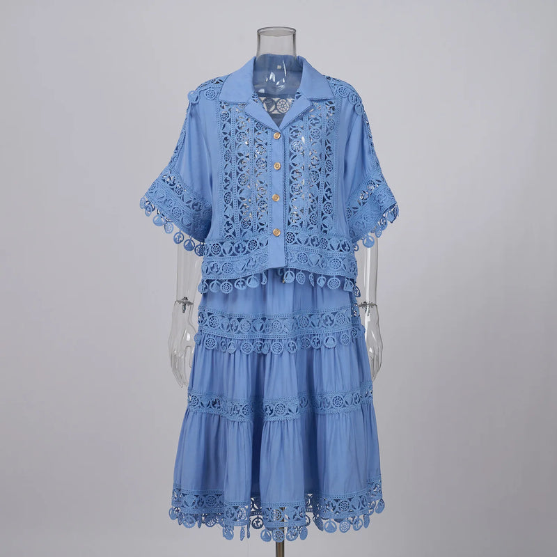 Luxury Hollow Out Dress Two Piece Set Women's 2025 Summer Holiday Embroidered Lace Jackets White Tops Pleated Short Skirts Suits