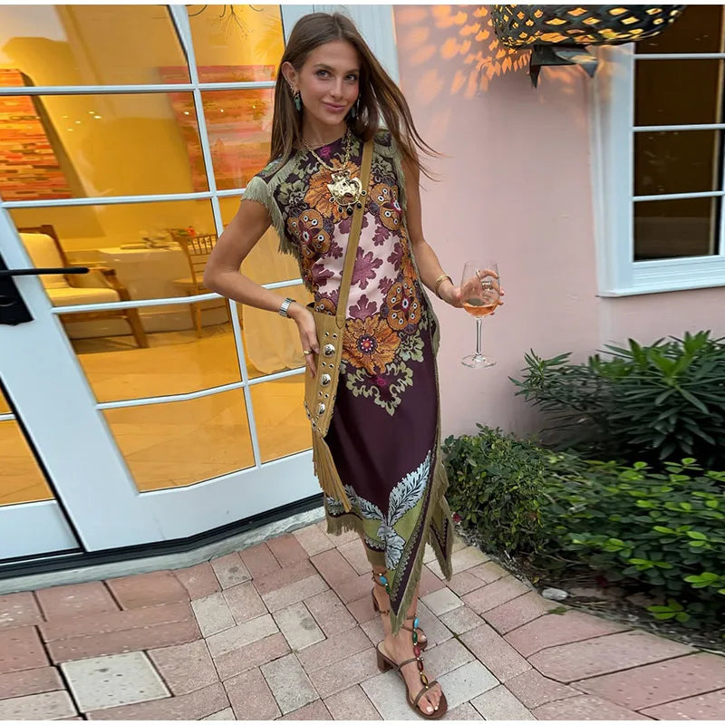 Elegant Printed Women's Tassel Dress Fringed Sleeveless Slim Irregular Party Evening Dresses 2026 Spring Summer Lady Vestidos
