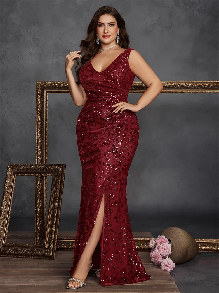 BLUEPLUM Plus Size Elegant Slit Evening Dress 2025 Long Mermaid Formal Sequins Sexy V-neck Caicktail Wedding Party Prom Gowns