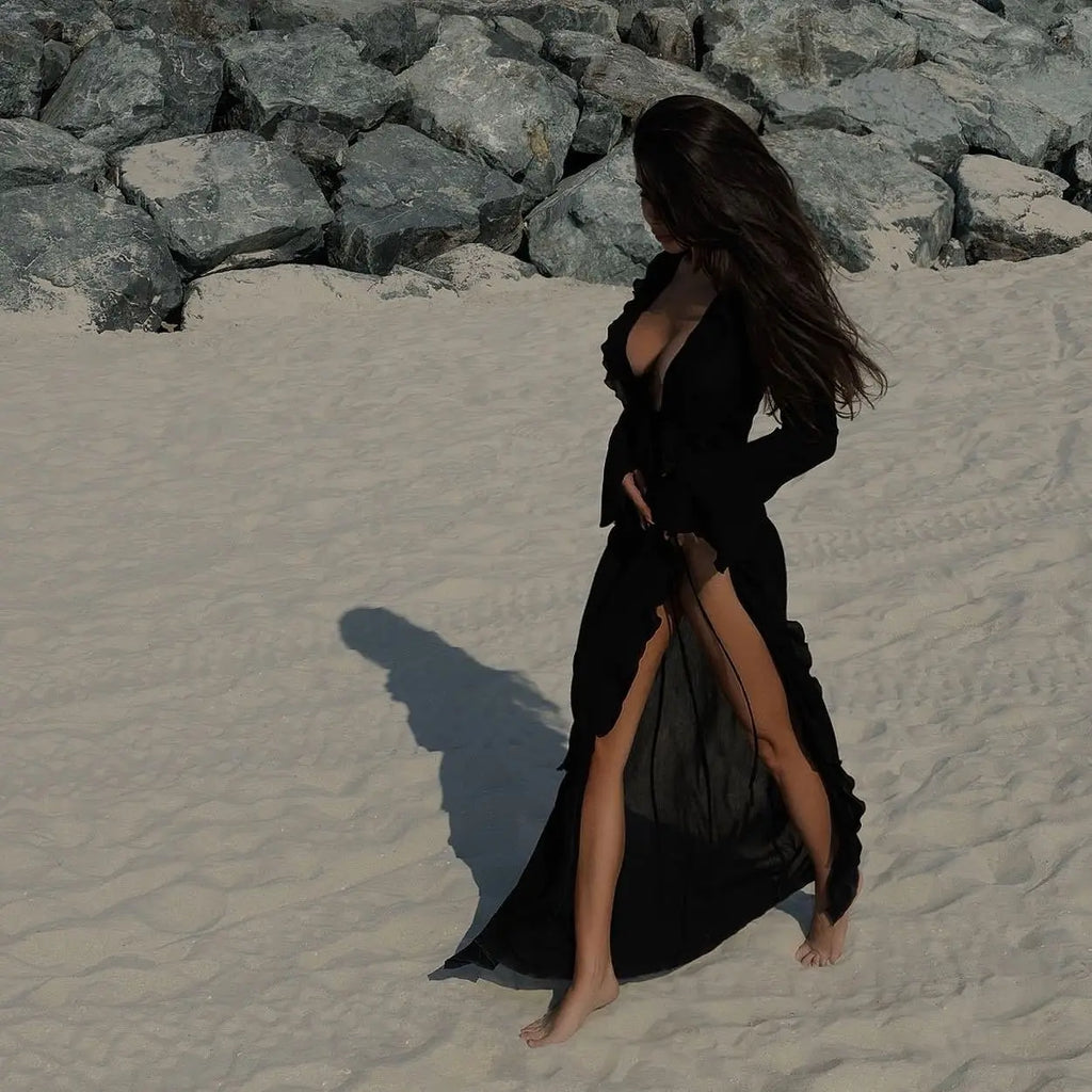 Vestido feminino com babados irregulares, decote em V chique, manga comprida, renda, vestido de praia para mulheres, saída de férias