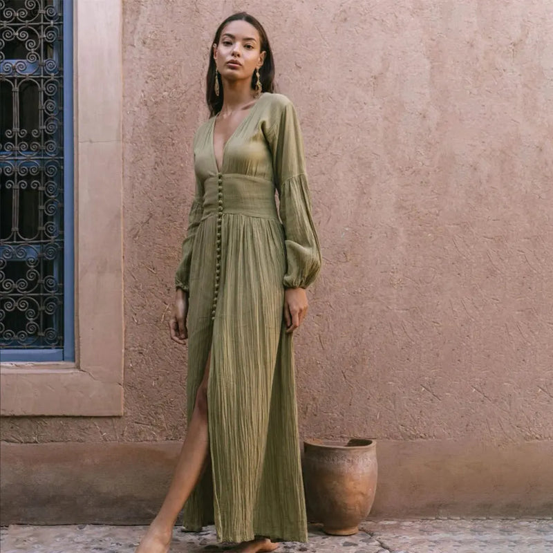 2023 New Women's Fashion French Retro V-neck, Waist Fold, Loose Split Style, Long sleeved Dress