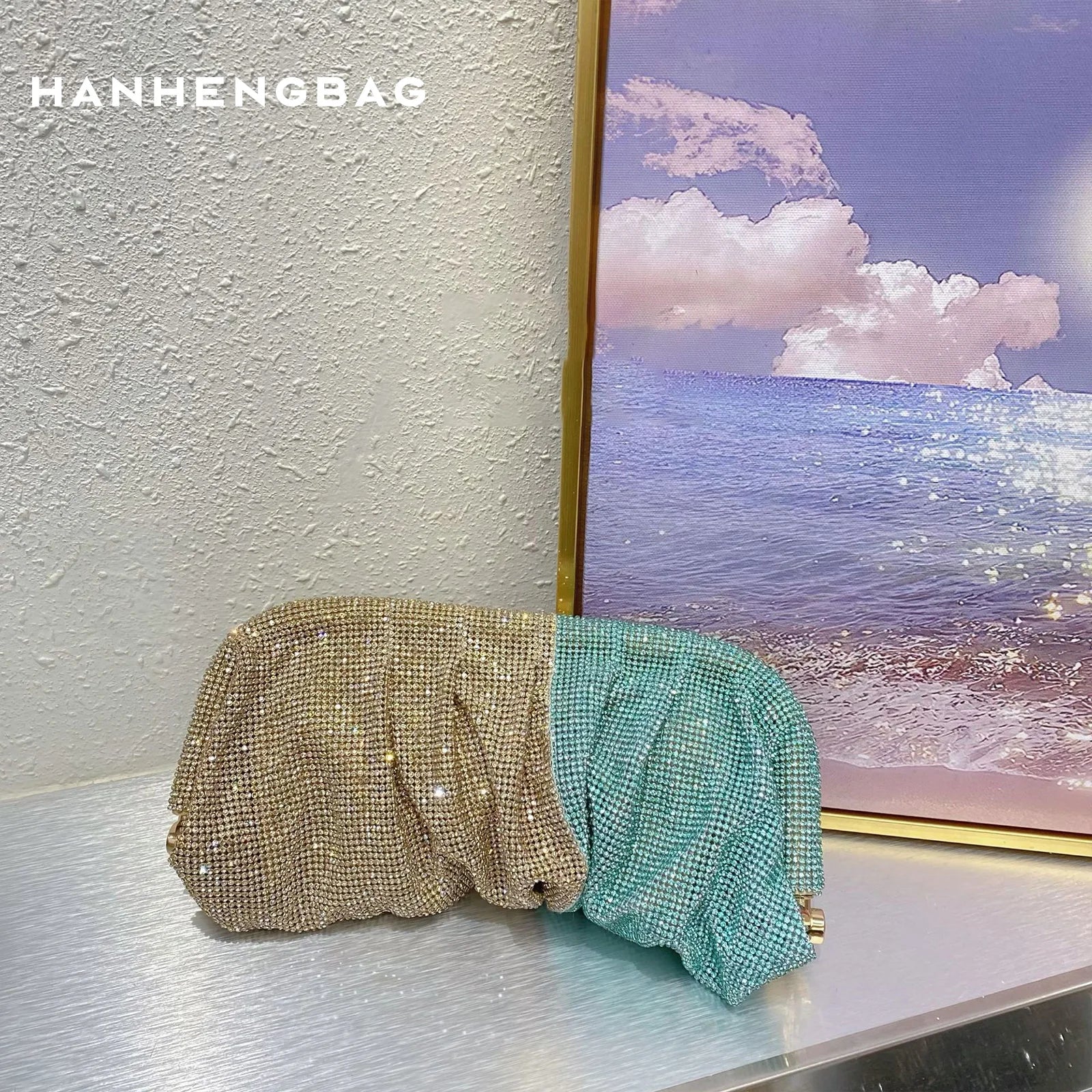 Handmade Strass Evening Clutch Bags com Punho Brilhante, Novas Dobras Bolsas, Handmade Bolsas, Designer De Luxo, Festa De Casamento, Alta Qualidade - CRAVO ROSE