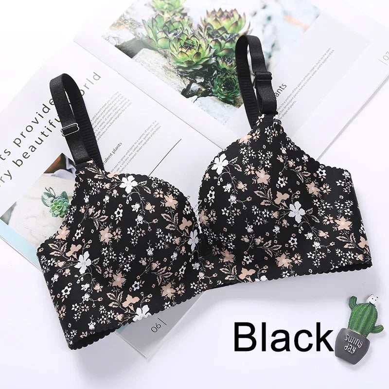 Sutiã sem costura com estampa de flores para mulheres, lingerie sexy, sutiã push up floral, roupa íntima de uma peça