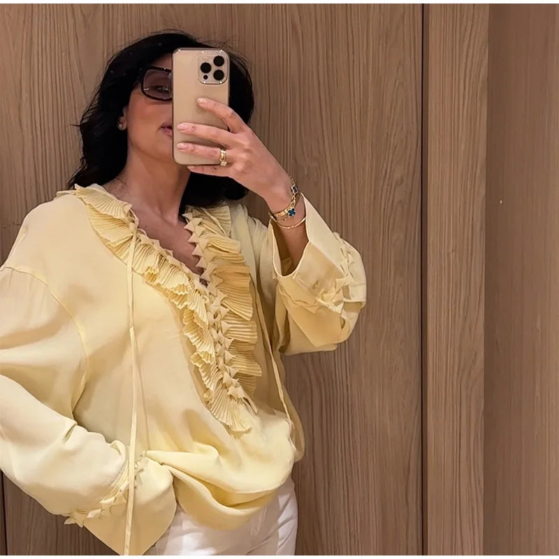 Blusa de chiffon com babados e manga comprida, blusa feminina casual solta, gola V, manga comprida, blusa de rua, primavera/verão 2025