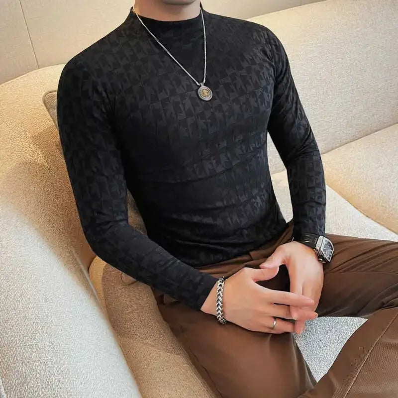 Camiseta elástica estampada de gola alta semi alta para homens, roupas de outono, nova, mangas compridas, jacquard, justa, cor sólida, camiseta slim fit