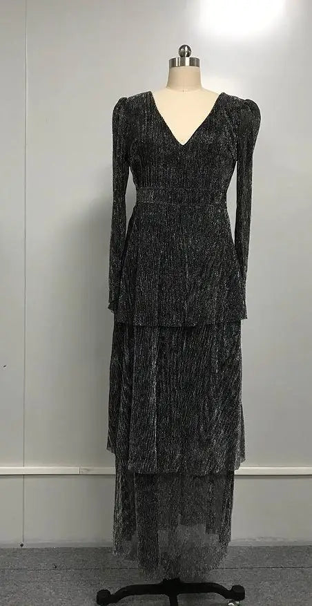 Vestido Feminino Plissado Costura Cintura Alta Vestido Feminino Manga Bufante Decote Em V Irregular Festa À Noite Vestido Elegante