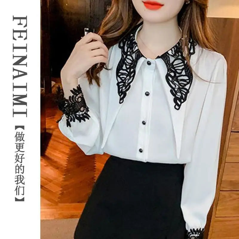 Women Spring Summer Fashion Lace Patchwork Solid Color Long Sleeve Chiffon Shirts Ladies Elegant All-match Temperament Tops