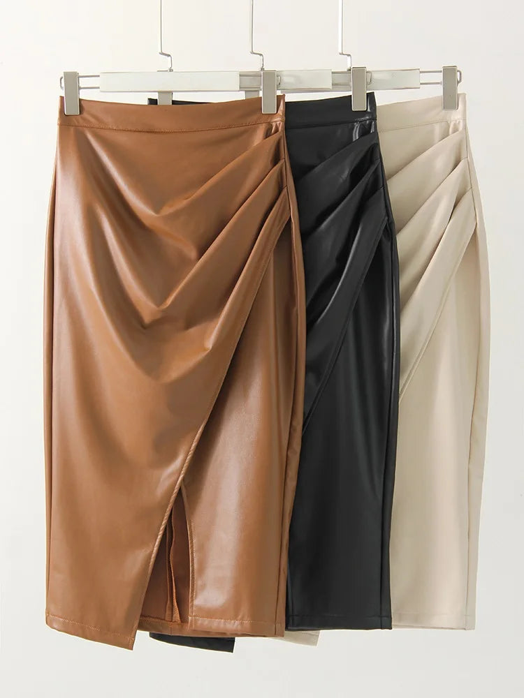 Women Midi Leather Skirt Sexy Split High Waist Zipper PU Front Slit Skirts Ladies Black Faux Leather Folded Skirt For Women