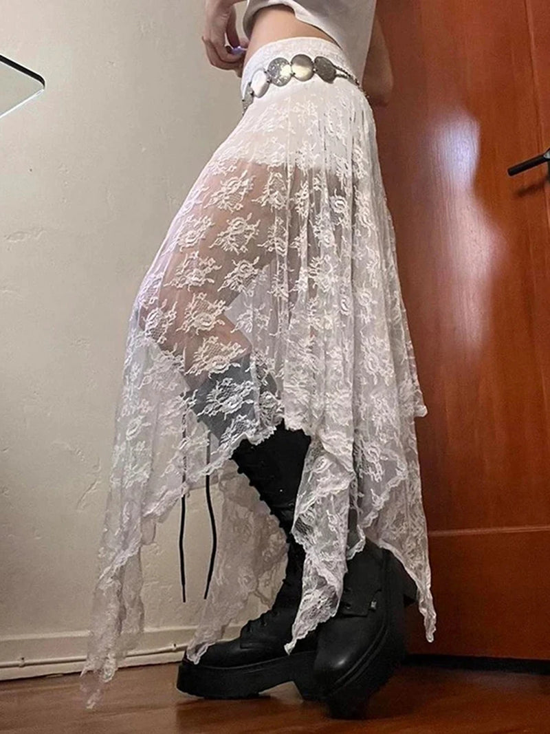 Saia feminina de renda elástica de cor sólida casual de verão transparente irregular saia em linha A para férias clube streetwear roupas estéticas