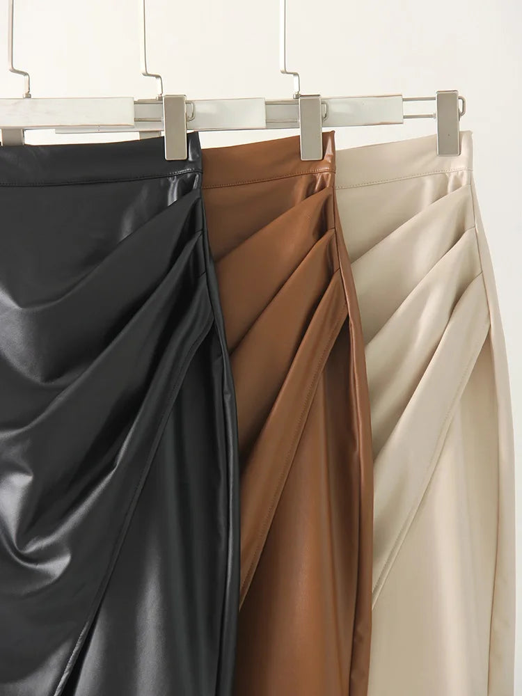 Women Midi Leather Skirt Sexy Split High Waist Zipper PU Front Slit Skirts Ladies Black Faux Leather Folded Skirt For Women