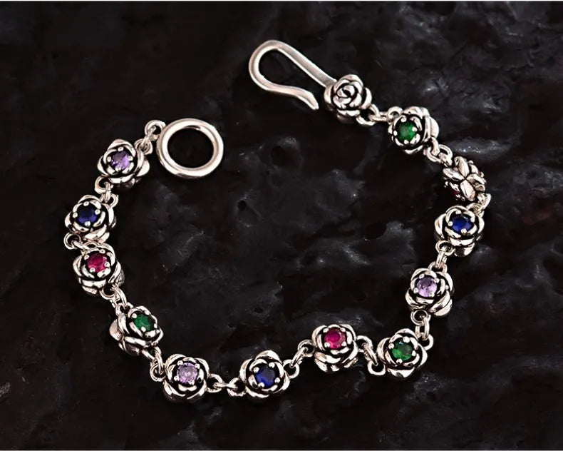 Joias femininas de prata esterlina 925 com cristais coloridos e flores de rosas doces para mulheres, colar e pulseira, presentes de aniversário
