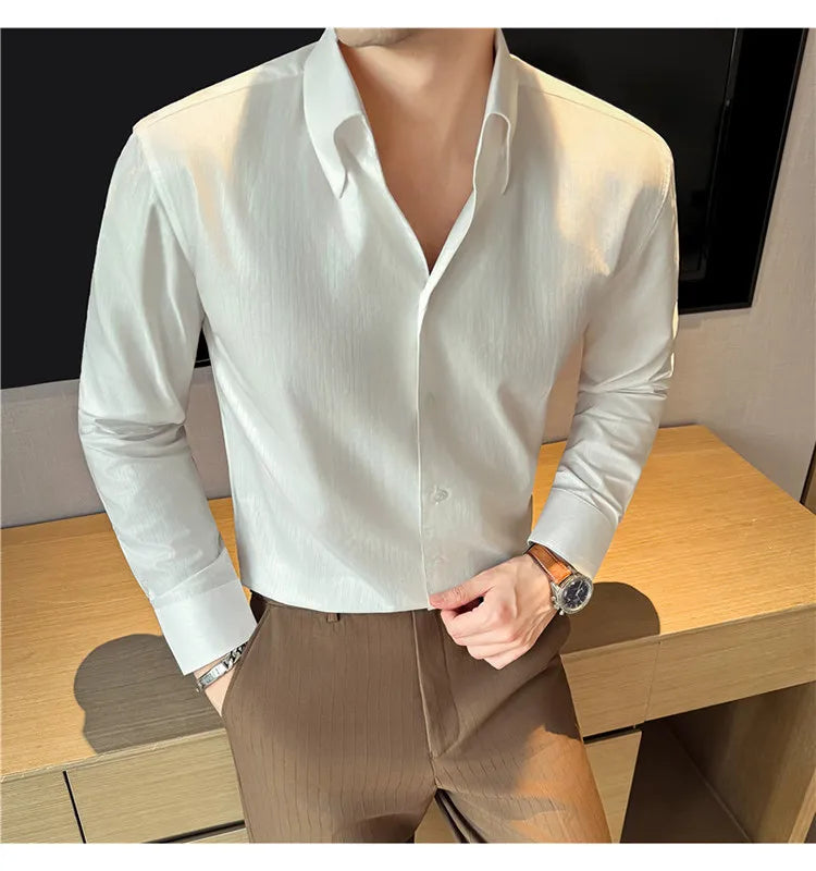 2026 Spring Fashion Big Collar Design Long Sleeved Shirt High Quality Men's Business Slim Fit Social Tuxedo Cotton Shirts