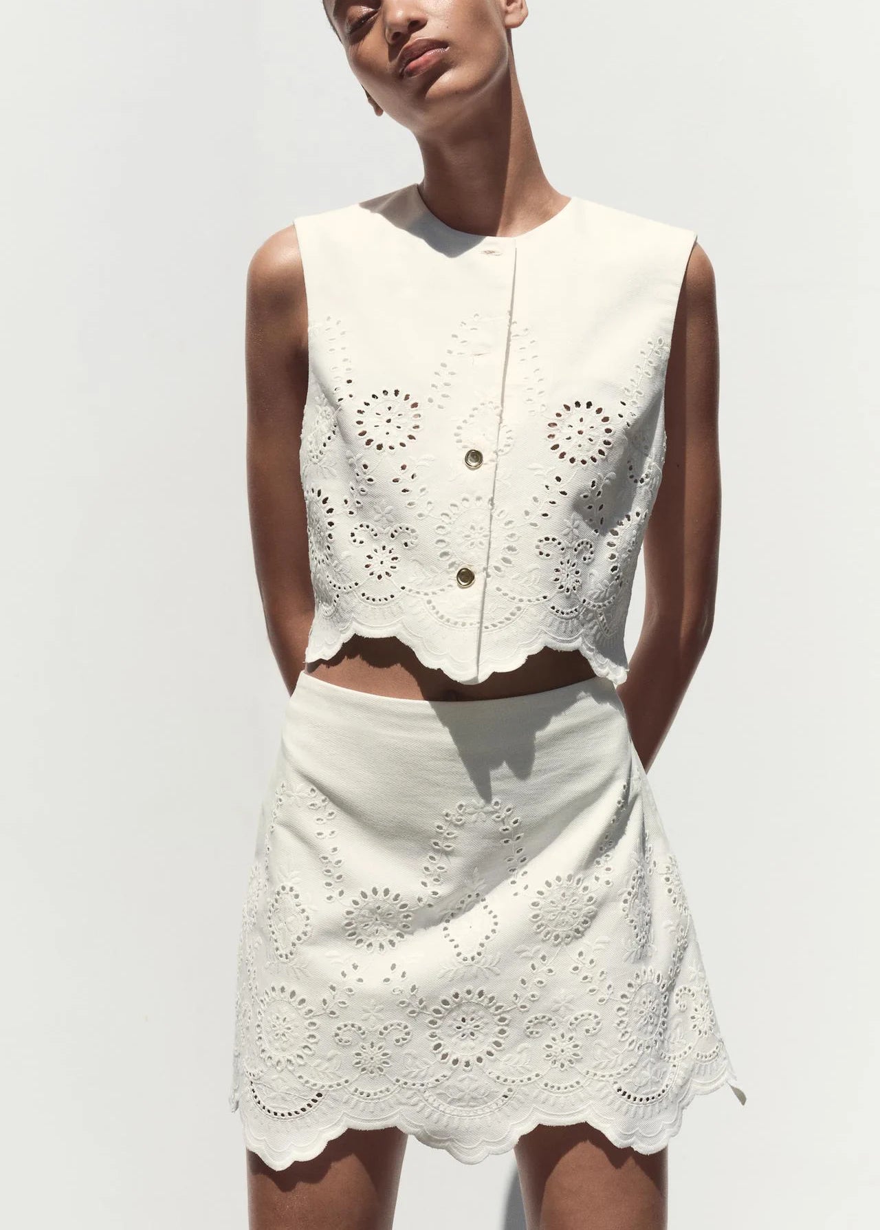 Embroidered Hollow out Vest Top 3356868 High Waist Skirt Pants 3357868 Faionable Two-Piece Set round Ne Button Closure ...