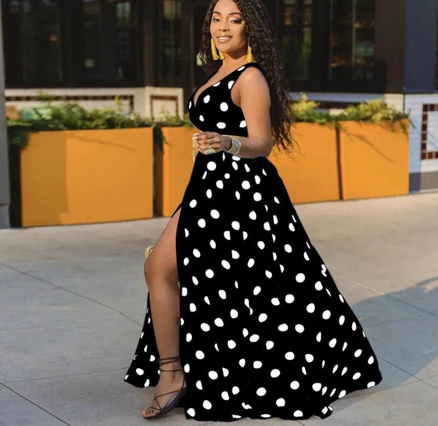 Sexy Deep V Neck Polka Dot Long Dress For Women Summer Boho Sleeveless Slim Print Side Slit Party Maxi Dresses Robe Femme