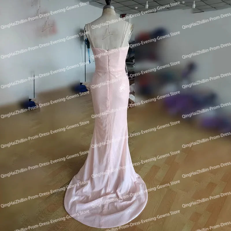 Elegant Pink Sequins Prom Dresses  Sweetheart Neckline Sleeveless Slit Floor-Length Sweep Train Mermaid Evening Dress 2024