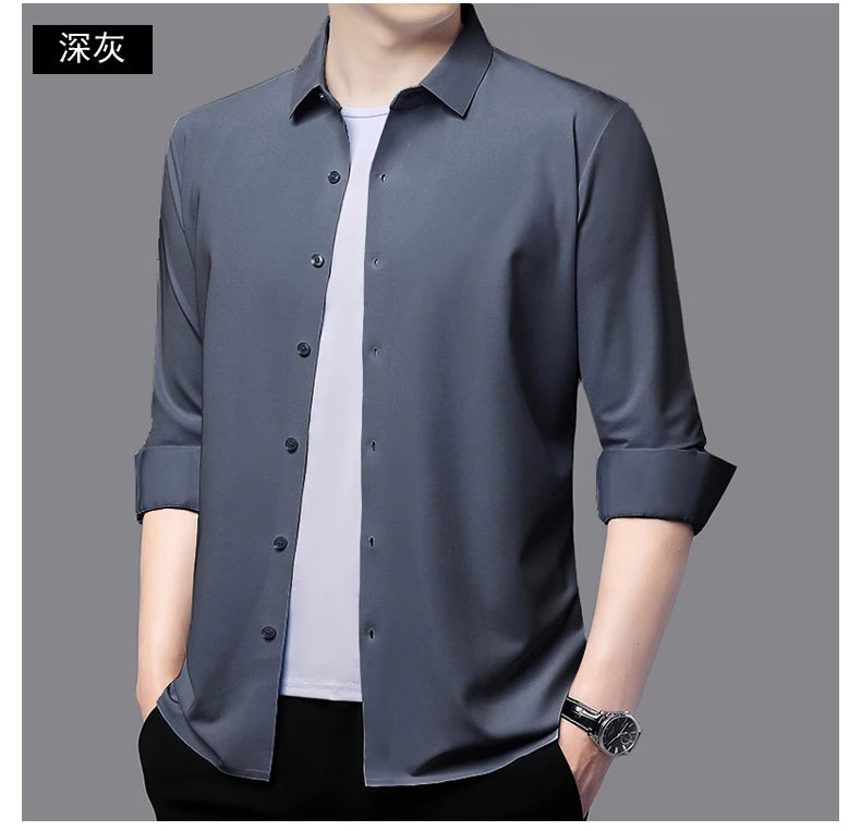 Camisa masculina premium ultraelástica - Camisa formal de manga comprida de seda de alta qualidade para uso social e casual