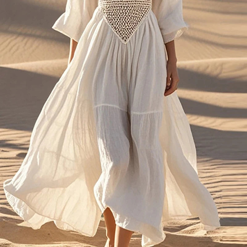 Vestidos Sexy Decote V Oco Praia Boho Sólido Solto Festa Vestido Longo Vintage Manga Longa Plissado