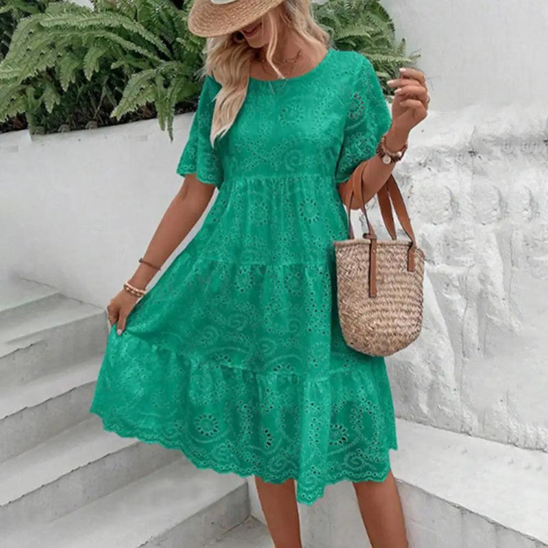 Summer Women Dress Hollow Out Short Horn Sleeves Dress A-line Pleated Patchwork Big Swing Embroidery Vacation Beach Midi Dress - CRAVO ROSE