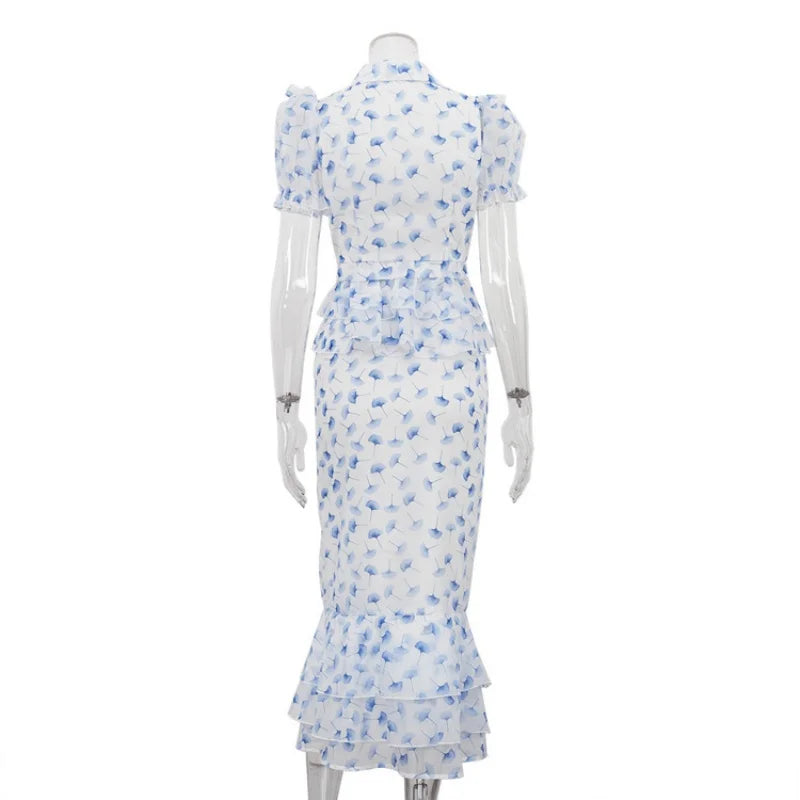 Floral Print 2 Piece Sets Women Outfit Summer Clothing Women Puff Sleeve V-Neck Blouse Top Mermaid Skirt Suit Fashion Dress Sets