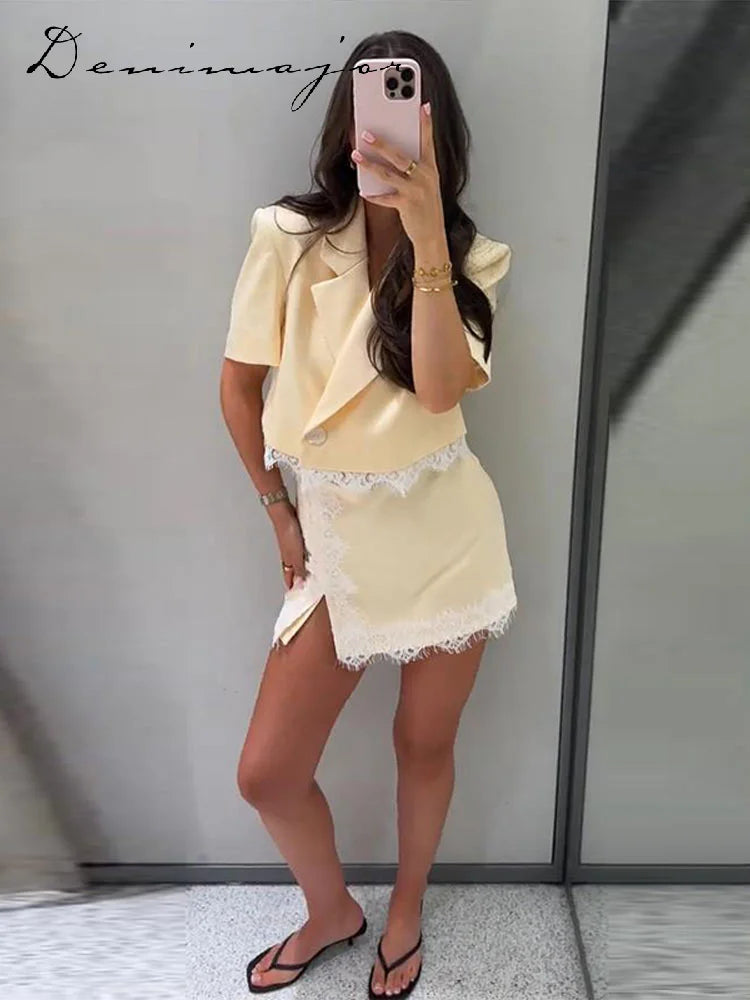 Fashion Lace Insert Two-Piece Suit Women Lapel Short Sleeve Cropped Blazer Mini Culottes 2026 Summer New Lady Office Party Wear
