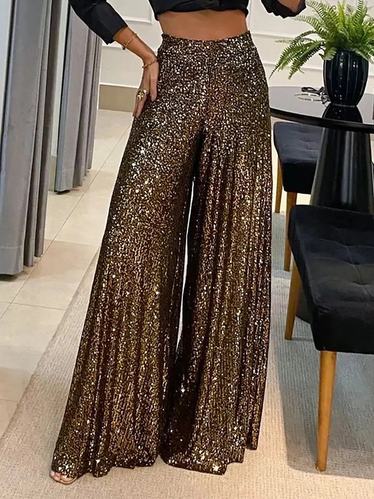 Women's Elegant Golden Thread Wide Leg Pants High Waisted Sparkle Trousers Glamorous Party Clubwear Shiny Evening Fashion Bottom