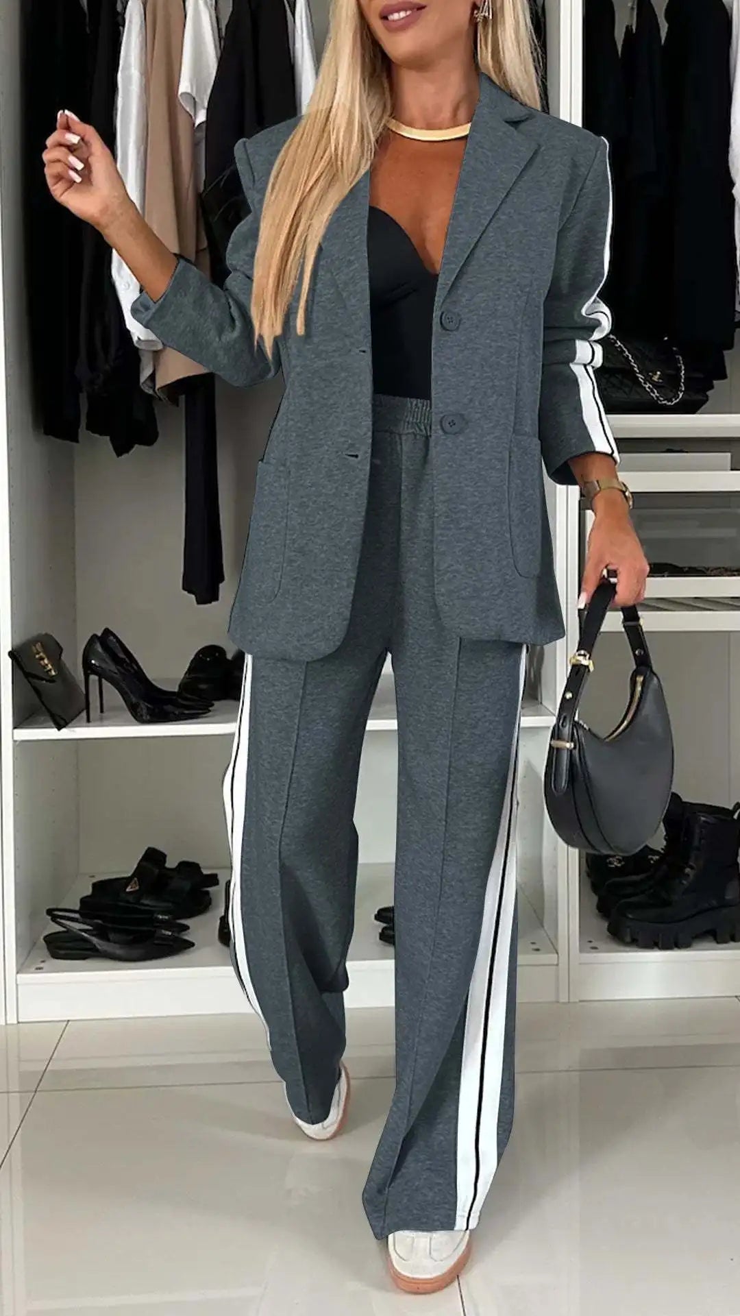 Modern Office Commute Women's Suit Set Loose Fit Long Pants High Waist Striped Casual Sportswear Long Sleeve Button up Coat