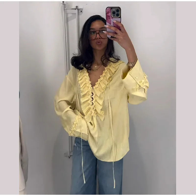 Blusa de chiffon com babados e manga comprida, blusa feminina casual solta, gola V, manga comprida, blusa de rua, primavera/verão 2025
