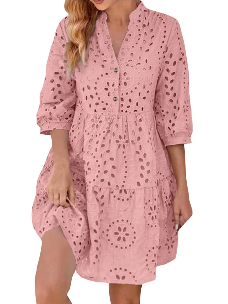 Spring Summer New Solid Color Hollow Out Fashion 7 Point Sleeve Dress Wmen's Casual Loose Simple Elegant Female Holiday Dresses