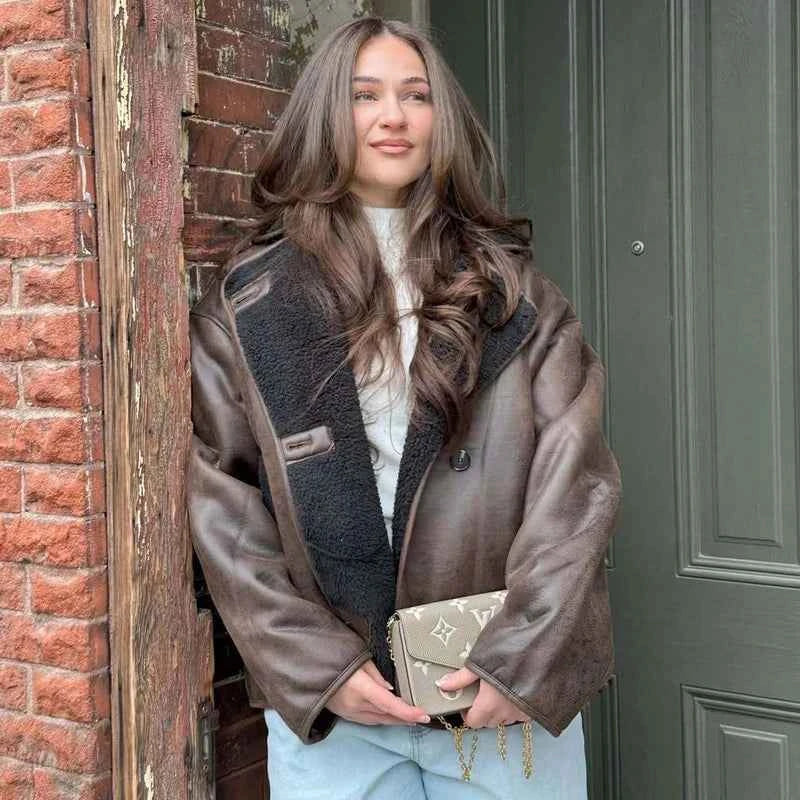 HXAO Faux Leather Jacket Winter Coat Female Button Long Sleeve Brown Jacket Demi-Season Faux Wool Coats And Mixtures Jacket