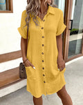 Summer Turn Down Collar Button Up Dress For Women Casual Loose Short Sleeve Pocket Splicing Solid Color Dresses Femme Robe