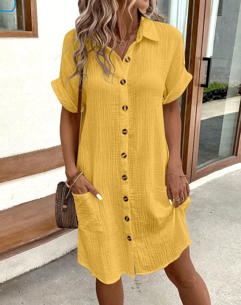 Summer Turn Down Collar Button Up Dress For Women Casual Loose Short Sleeve Pocket Splicing Solid Color Dresses Femme Robe