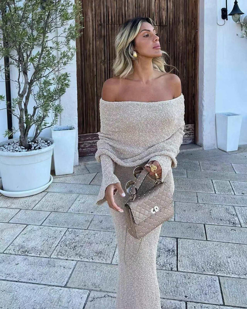 2024 Women's Summer Slash Neck Sunscreen Maxi Dress Chic Long Sleeve Bodycon Knitted Vestidos Female Elegant Holiday Beachwear