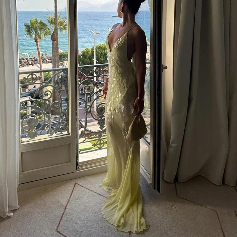Sexy Deep V-neck Beaded Fishtail Dress Women Elegant Sleeveless Evening Dress Fashion Sequin Backless Hollow Out Slim Long Dress