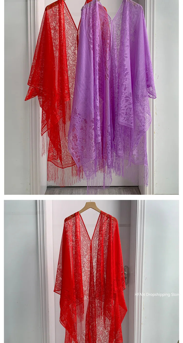 Women Sun Protection Shawl Lady Summer Hollow Out Lace Cardigan Holiday Bikini Blouse Breathable Beach Cape Sexy Long Tippet