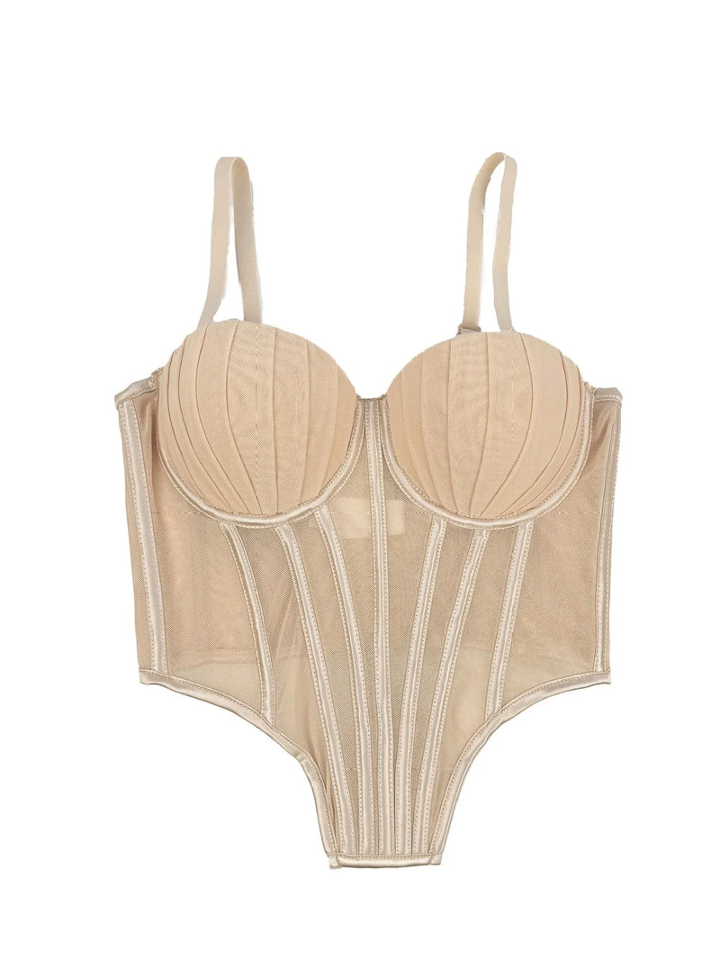 Corpete transparente de malha feminino, faixa espinha de peixe na cintura, corpete bustiê, tops sensuais