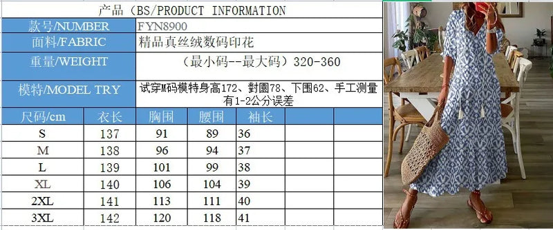 Women's 2024 Spring Summer New Casual Sweet Loose Sexy V-neck Fashion Printed Hanging Beard Middle Sleeve Long Dress For Women