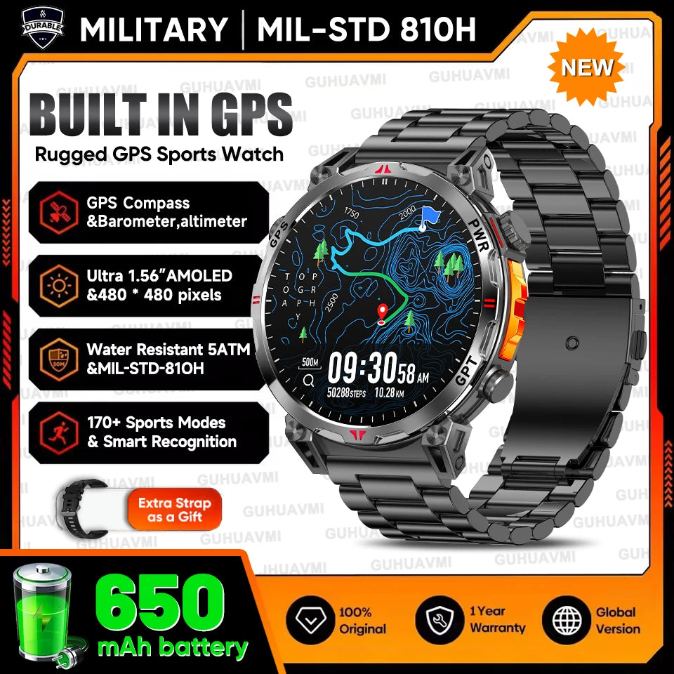 2025New Military T-Rex3 Ultra GPS SmartWatch Built in GPS Compass Altimeter Barometer 5ATM Waterproof 650mAh Sports Bracelet Men