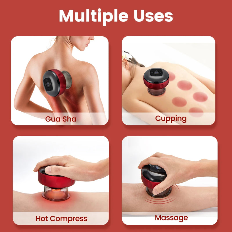 Massageador elétrico de terapia com ventosas para o corpo, anticelulite, aquecimento com luz vermelha, vibração, guasha, raspagem de gordura, queima de gordura e emagrecimento