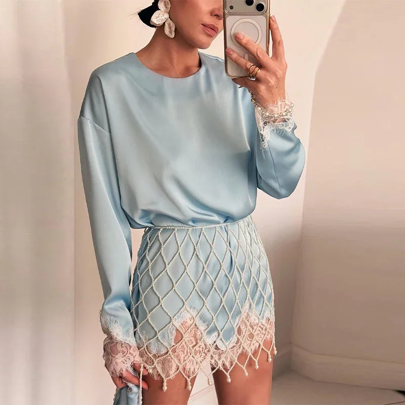 Lady Chic Diamond Beaded Tassel Hem Skirt 2026 Lace Trim Full Sleeve Shirt Short Skirt Outfits Casual Luxury Satin 2 Piece Set