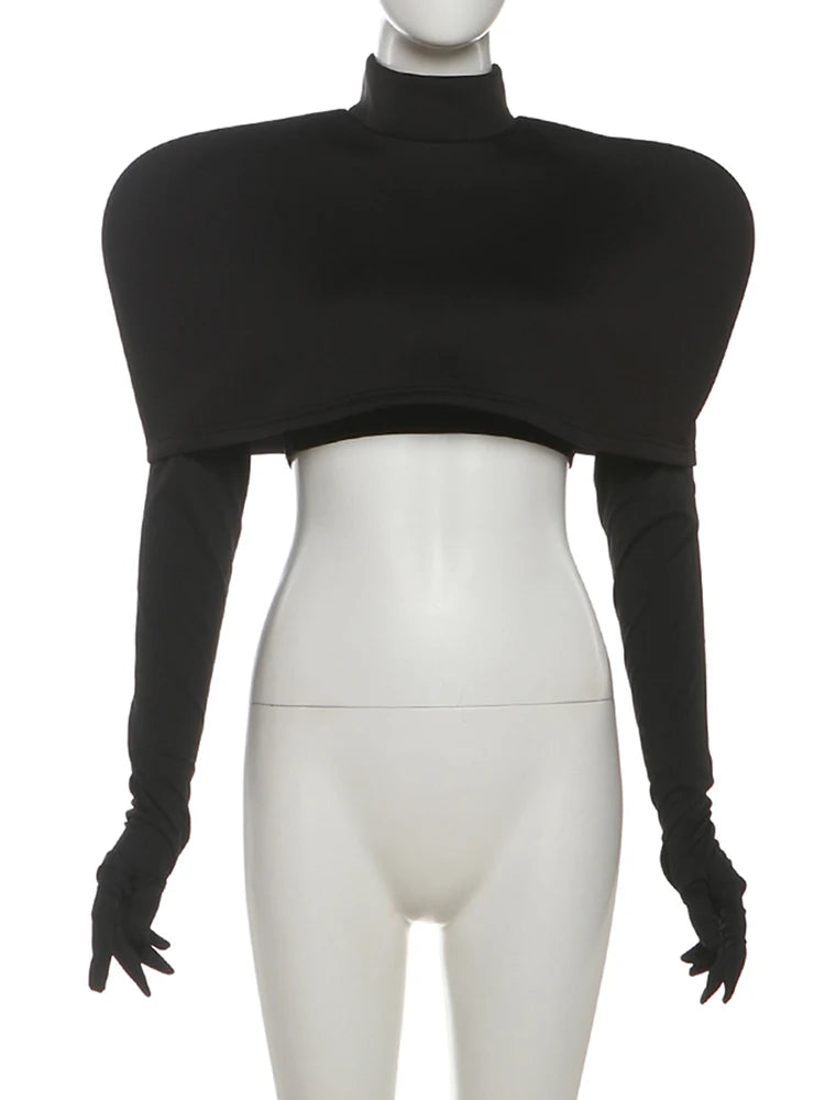 Nibber Simple Two Pieces Crop Tops Women Turtleneck Zipper Shoulder Pads Tops+o-Neck Long-Sleeve Glove t-Shirts Sexy Streetwear