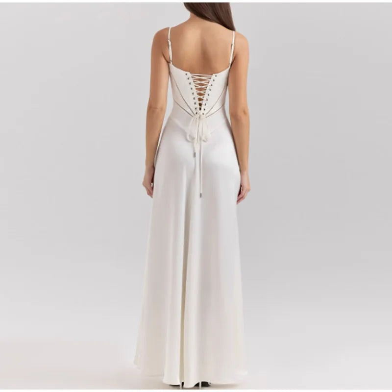 Elegant Lace Up Solid Camisole Maxi Dresses Fashion New Contrasting Cropped Long Gown 2025 New Female Party Beach Evening Robes