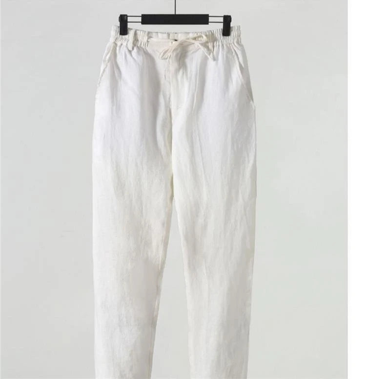Solid Color Linen Pants Men's Loose Cotton Linen Casual 9 Points Pants Spring Summer Home Straight Soft Comfortable Trousers