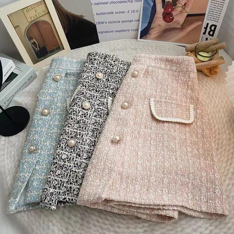 Saias de tweed elegantes para mulheres doce pérola botão cintura alta emagrecimento saias outono primavera xadrez lã mini saia faldas t908 - CRAVO ROSE